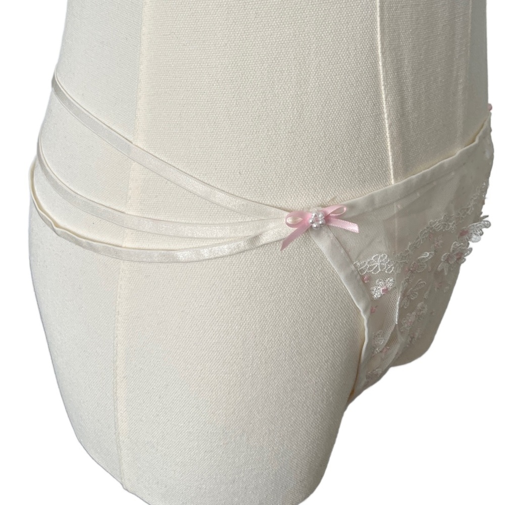 For Love And Lemons Sheer White Lace Thong Panty with Pink Embroidery - Picture 2 of 8